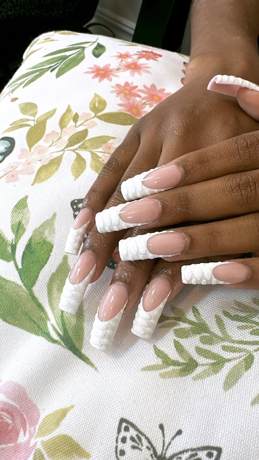 Long square nails with textured white French tips